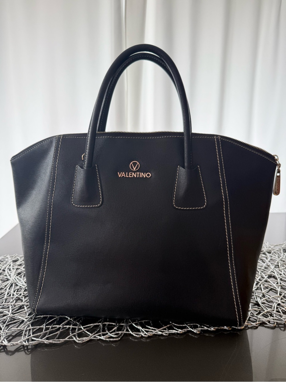 Valentino Black Leather Top-Handle Tote with Gold Logo